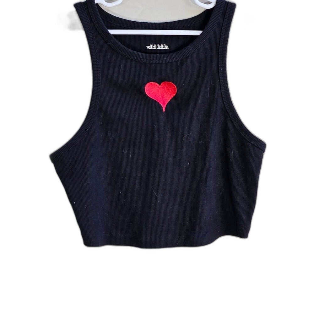 Wild Fable Black Ribbed Cropped Tank Red Embroidered Heart Women's M